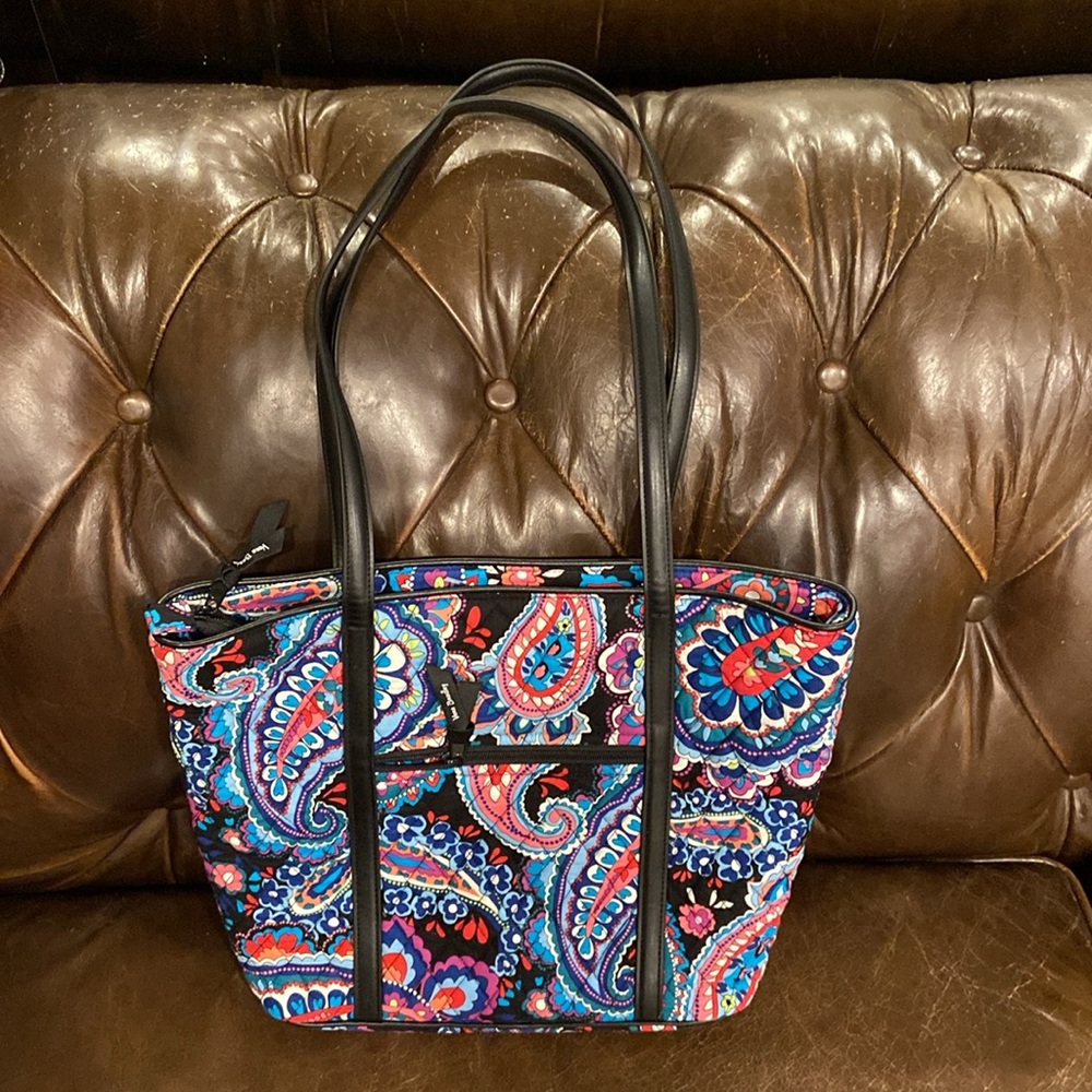 VERA BRADY FLORAL Parisian paisley TOTE WITH Blk LEATHER STRAPS 14in strap - Picture 10 of 12